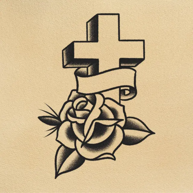 Cross and Rose tattoo flash from DJ's collection